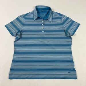 Nike Golf Polo Shirt Womens Large Blue White Striped Dri-FIT Performance Top